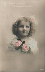 Childhood's Days Girl with Pink Roses and Hair Bows Postcard