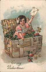 Girl in Clover Basket Holding Valentine Letter Postcard