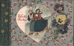 Dutch Children Ice Skating in Heart Valentine Greeting Postcard