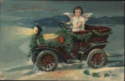 Cherub Driving Ivy-Decorated Automobile, Loves Greetings Postcard