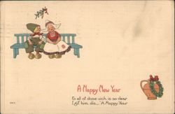Dutch Boy and Girl on Bench New Year Greeting Postcard