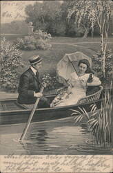 Couple in Rowboat with Parasol Postcard
