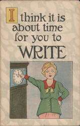 Woman Pointing to Grandfather Clock - Time to Write Postcard