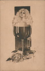 Woman Emerging from Beer Glass Foam with Roses Postcard