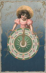 Girl in Pink Dress with Large New Year Clock Postcard