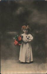 Young Girl with Hand-Colored Flowers and Red Hair Bow Postcard