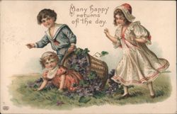 "Many Happy Returns of the Day" Children & Basket of Violets Postcard