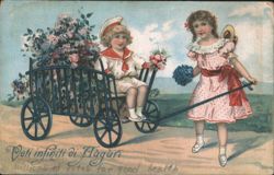 Boy in Sailor Suit and Girl with Flower Cart Postcard