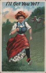 "I'll Get You Yet!" Woman Running from Stork Postcard