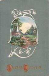 Joyful Easter Church Landscape in Bell with Lily of the Valley Postcard