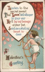 St. Valentine's Greeting Cupid on Rope Ladder with Poem Postcard