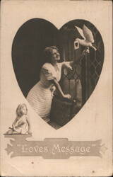 "Loves Message" Woman with Dove and Cupid in Heart Postcard