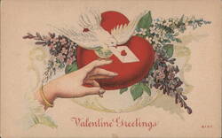 Valentine Greetings with Dove, Hand, and Large Red Heart Postcard