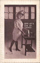 "Come Let's Stir Up Things" Woman Chef at Table Postcard