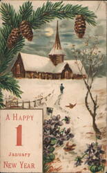A Happy 1 January New Year, Snowy Church and Violets Postcard