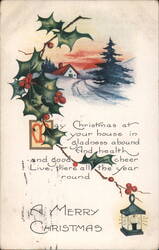 Merry Christmas Snowy House with Holly and Lantern Postcard