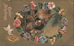 Easter Greetings Rabbits in Floral Wreath and Hatching Chick Postcard