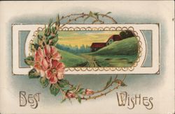 Best Wishes Greeting with Pink Roses and Rural Landscape Postcard