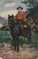 A Typical Cowboy on a Black Horse Postcard