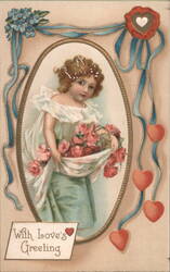 "With Love's Greeting" Girl with Pink Roses and Hearts Postcard