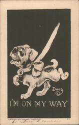 Pug Dog with Bow "I'm On My Way" by Dwig Postcard