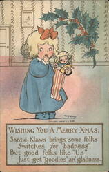 Girl with Christmas Stocking and Doll by M. G. Hays Postcard