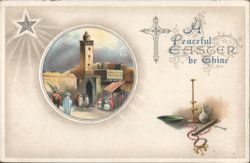 A Peaceful Easter be Thine, Arab Scene with Tower & Cross Postcard