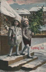 Children with Christmas Tree and Gift 'Lycklig Jul' Postcard