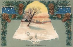 A Merry Christmas Winter Scene in Bell with Pine Cones Postcard