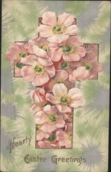 Hearty Easter Greetings, Pink Wild Rose Flower Cross Postcard