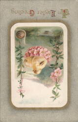 Two Yellow Chicks and Pink Flowers Easter Greeting Postcard