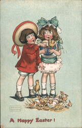 Children with Chicks and Nest - A Happy Easter Postcard