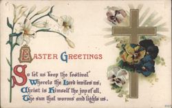 Easter Greetings with Gold Cross, Lilies and Pansies Postcard