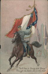 Confederate Soldier on Horse with Third National Flag Postcard