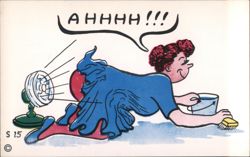 Woman Scrubbing Floor with Fan Blowing Up Skirt Comic Postcard