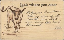 "Look Where You Steer" 1905 Cow Illustration by A. Yerkes Postcard