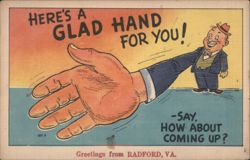 Greetings from Radford, VA - Glad Hand Comic Illustration Postcard