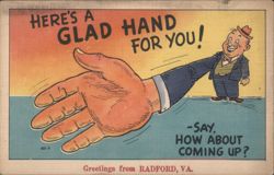 Greetings from Radford, VA - Glad Hand Comic Illustration Postcard