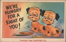 Two Sad Puppies with Empty Bowls, Greetings from Radford, VA Postcard