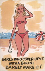 Blonde Woman in Pink Bikini on Beach Comic Postcard