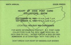 9th Annual Heart of Dixie Post Card Collectors Show 1992 Postcard