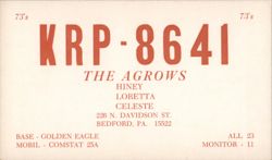 KRP-8641 The Agrows CB Radio QSL, Bedford, PA Postcard