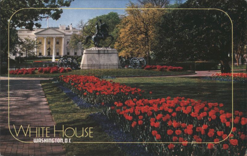 White House with Andrew Jackson Statue and Tulips Washington District of Columbia