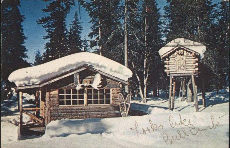 Snow Covered Trapper's Cabin and Food Cache Alaska