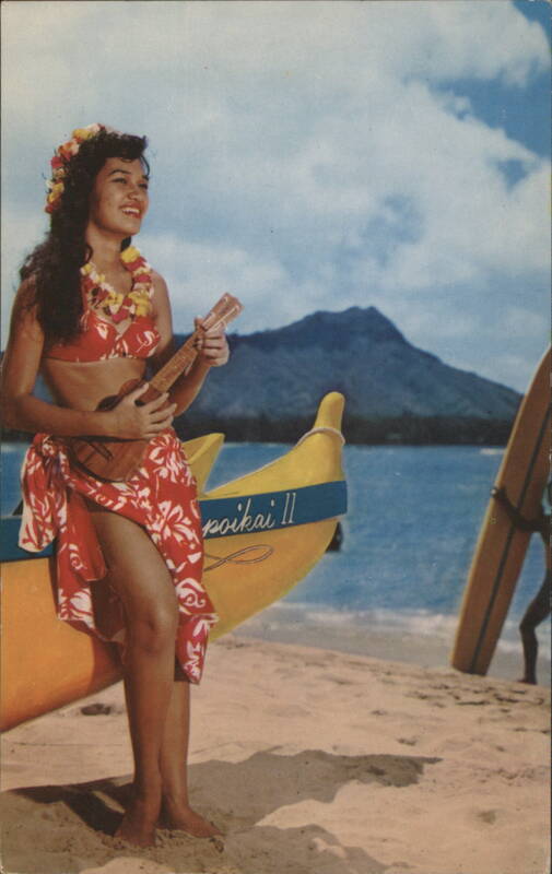 Hula Maid at Waikiki with Ukulele and Outrigger Canoe Honolulu Hawaii