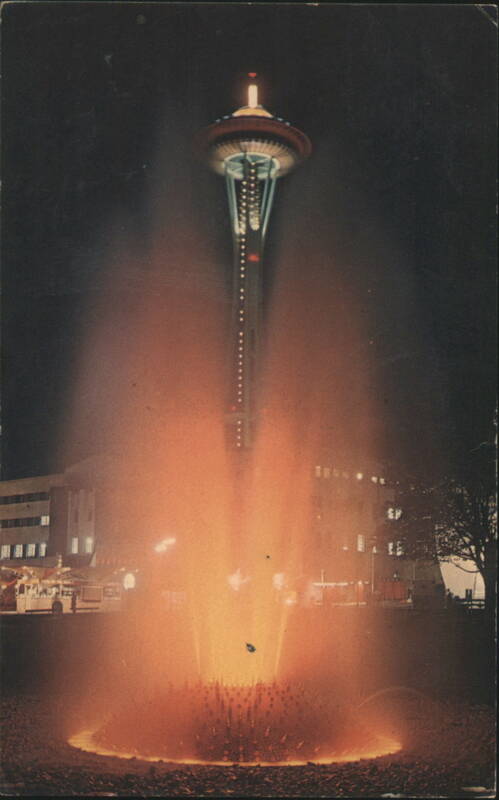 Space Needle and International Fountain at Night Seattle Washington