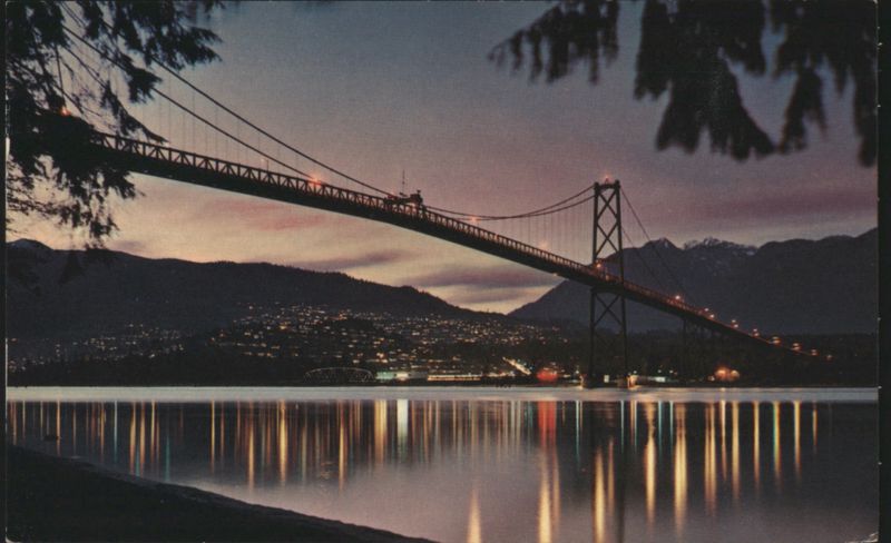 Lions Gate Bridge at Dusk with North Shore Mountains Vancouver BC Canada