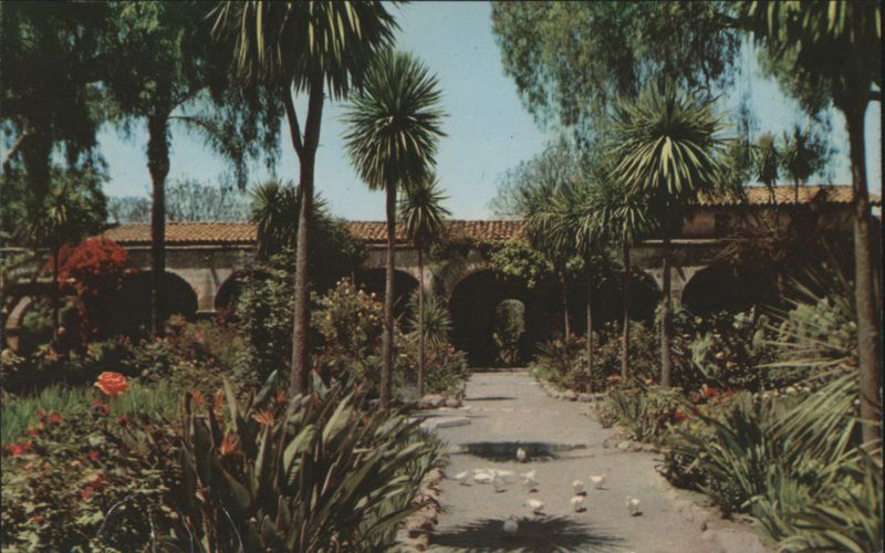 A Walk in Mission Garden with White Pigeons San Juan Capistrano California