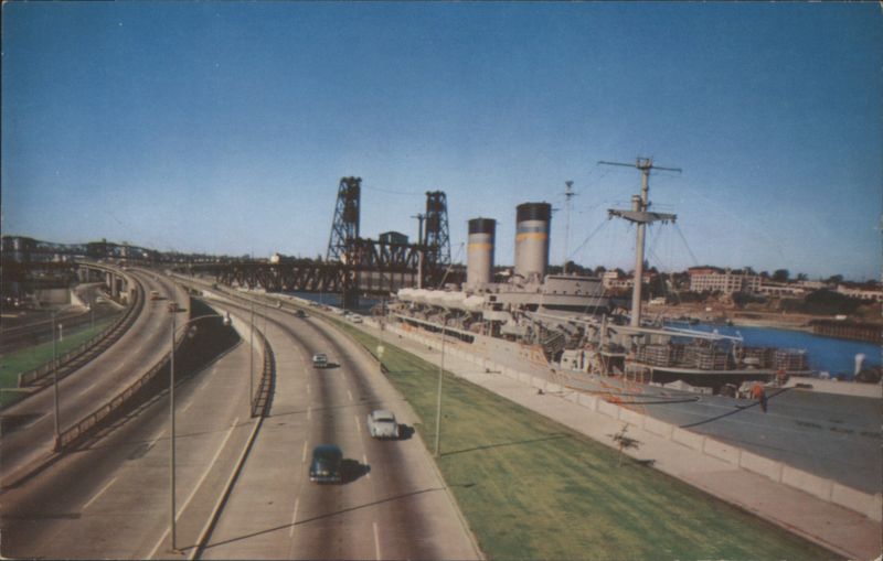 Harbor Drive Looking North with Ship and Bridge Portland Oregon
