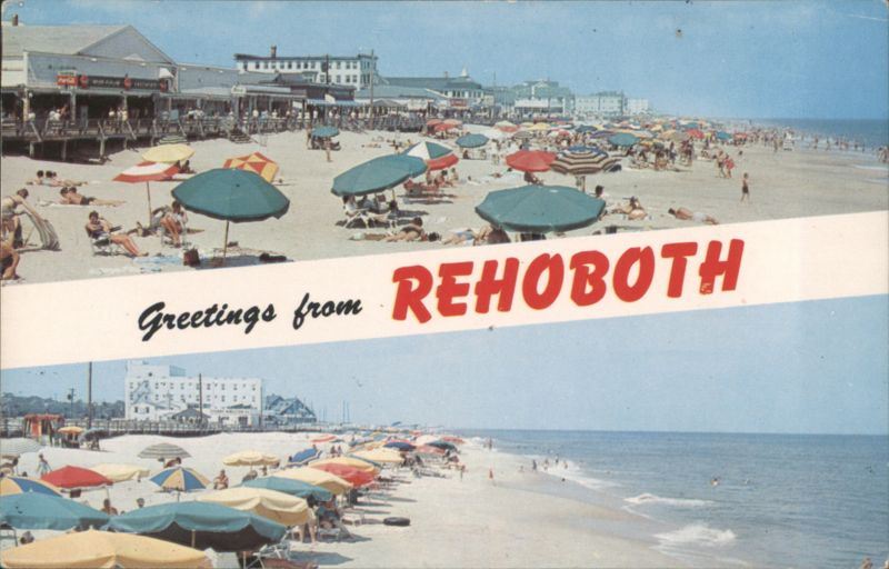 Beach Scene with Colorful Umbrellas and Boardwalk Rehoboth Beach Delaware